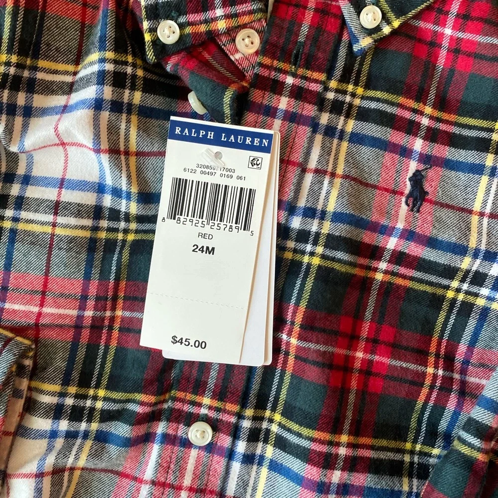 Ralph Lauren Boys 24M Plaid Flannel Button Down Shirt NWT Red Blue Holiday